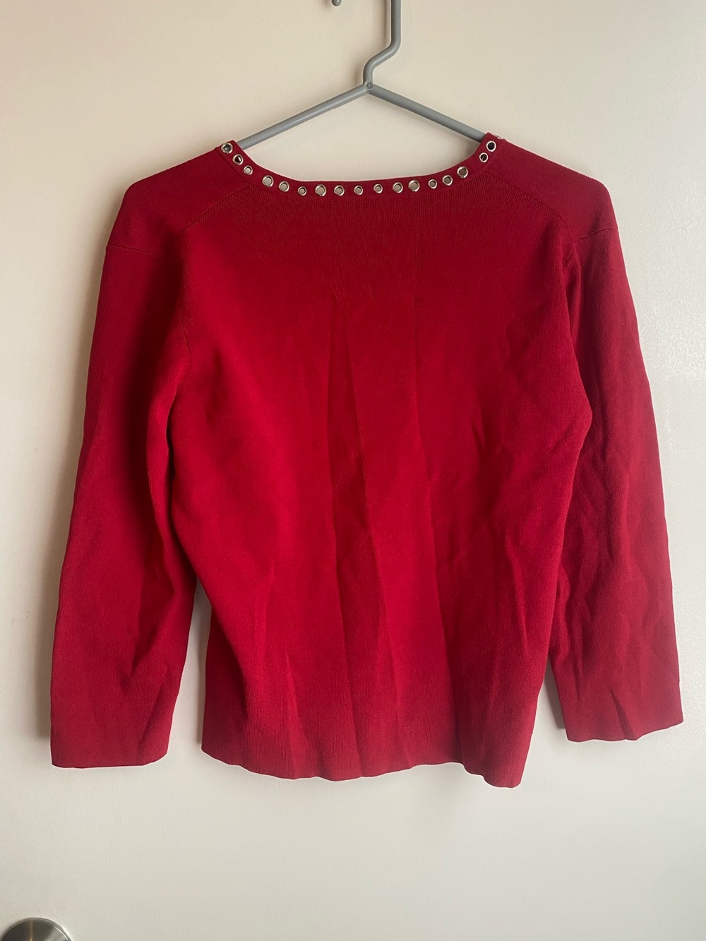 Women’s Vintage Y2K Red Ribbed 3/4 Sleeves Blouse with Silver Eyelets - Picture 4 of 4